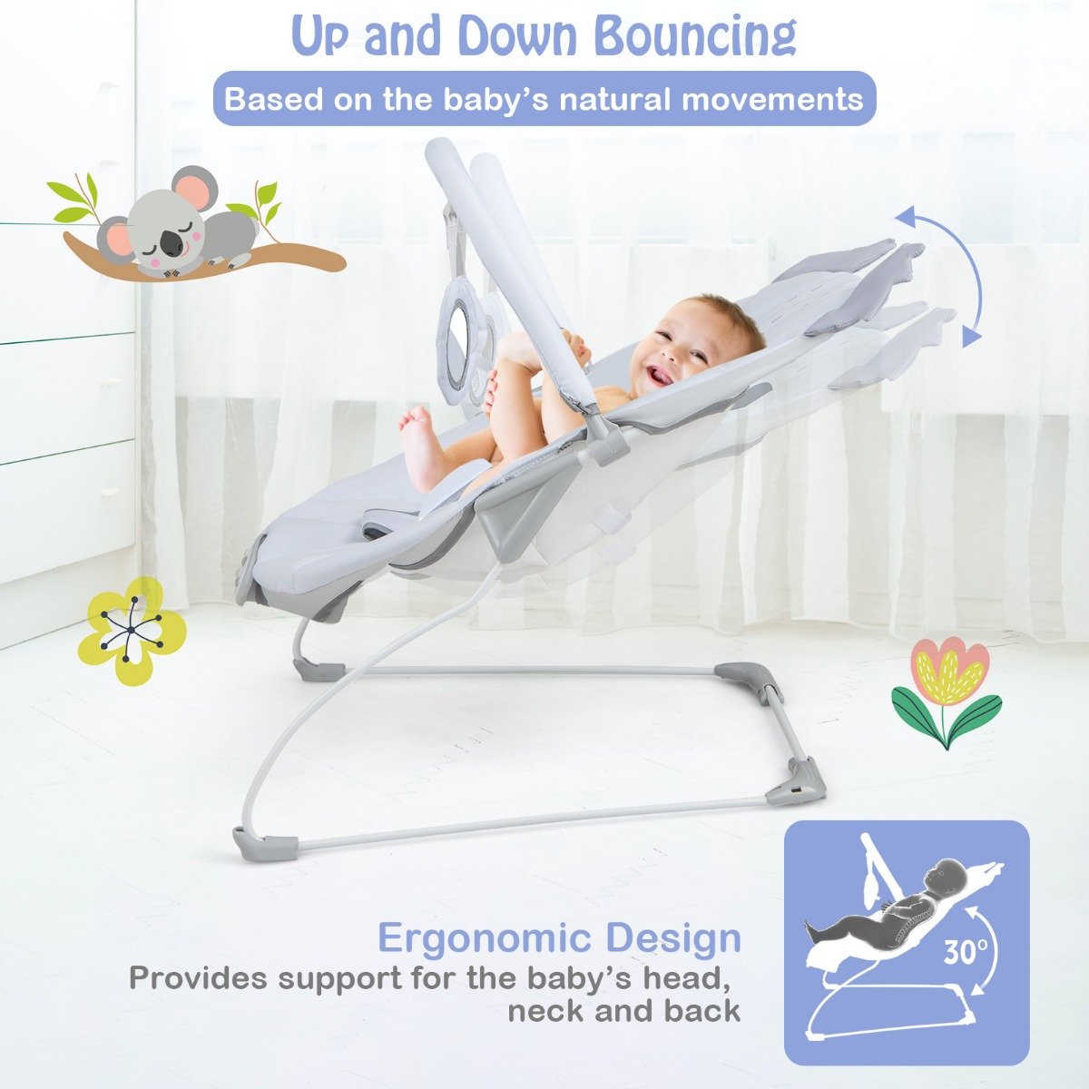 Portable Baby Bouncer with Detachable Toy Bar for Babies 0-6 Months Old up to 9 kg-Grey