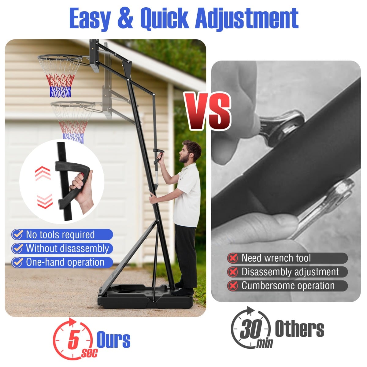 Portable Basketball Hoop 1.05-3.05m Adjustable with Shatterproof Backboard