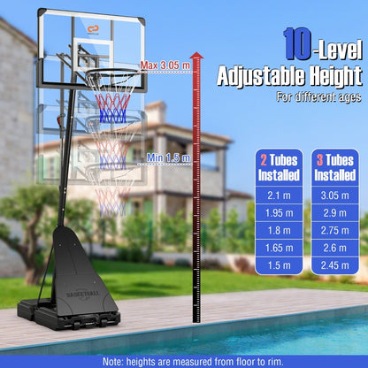 Portable Basketball Hoop 1.05-3.05m Adjustable with Shatterproof Backboard