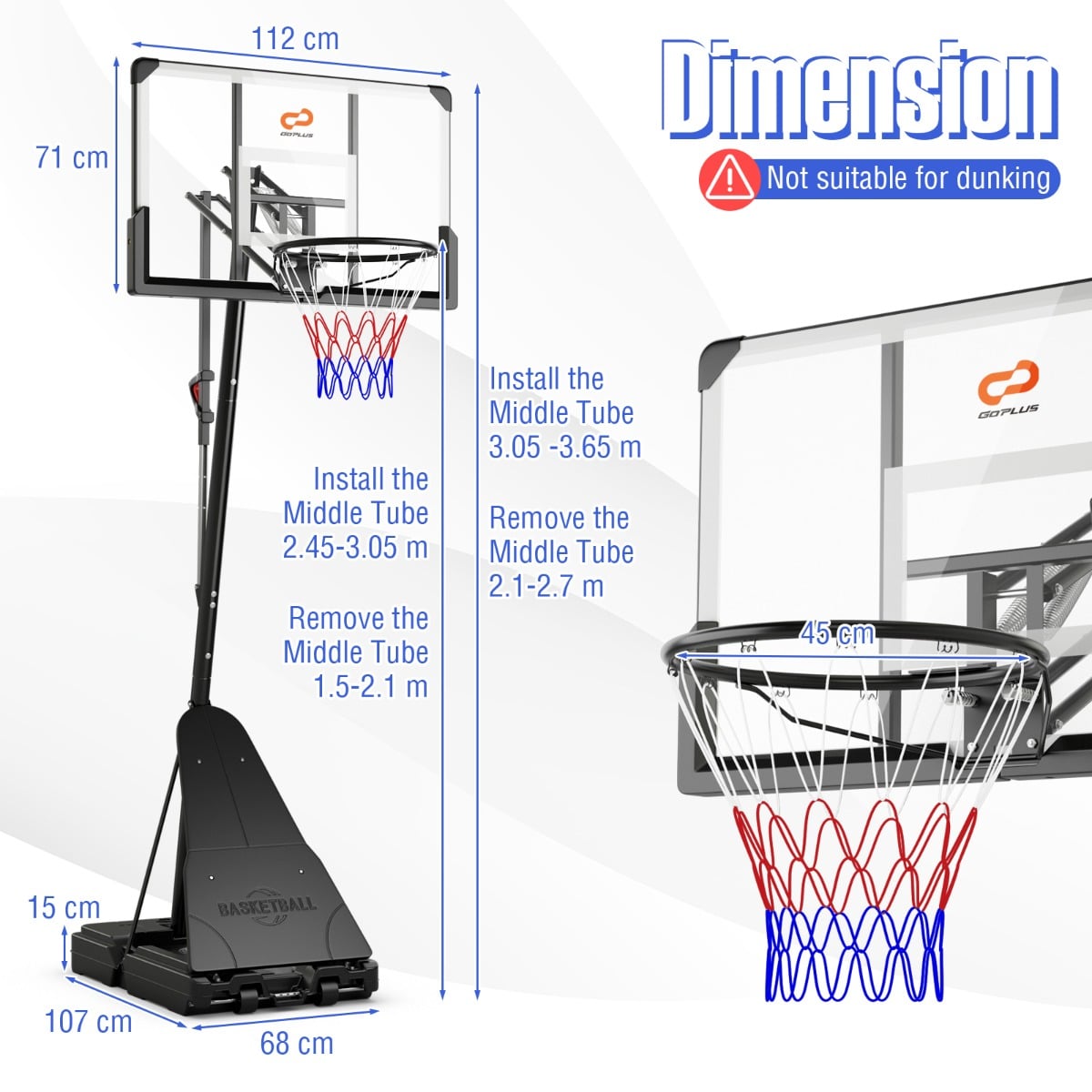 Portable Basketball Hoop 1.05-3.05m Adjustable with Shatterproof Backboard
