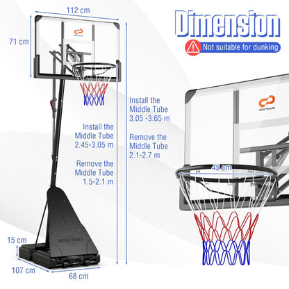 Portable Basketball Hoop 1.05-3.05m Adjustable with Shatterproof Backboard
