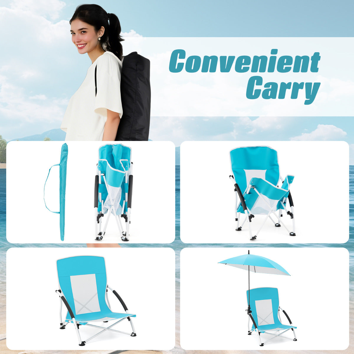 Portable Beach Umbrella Chair with Adjustable Parasol-Blue
