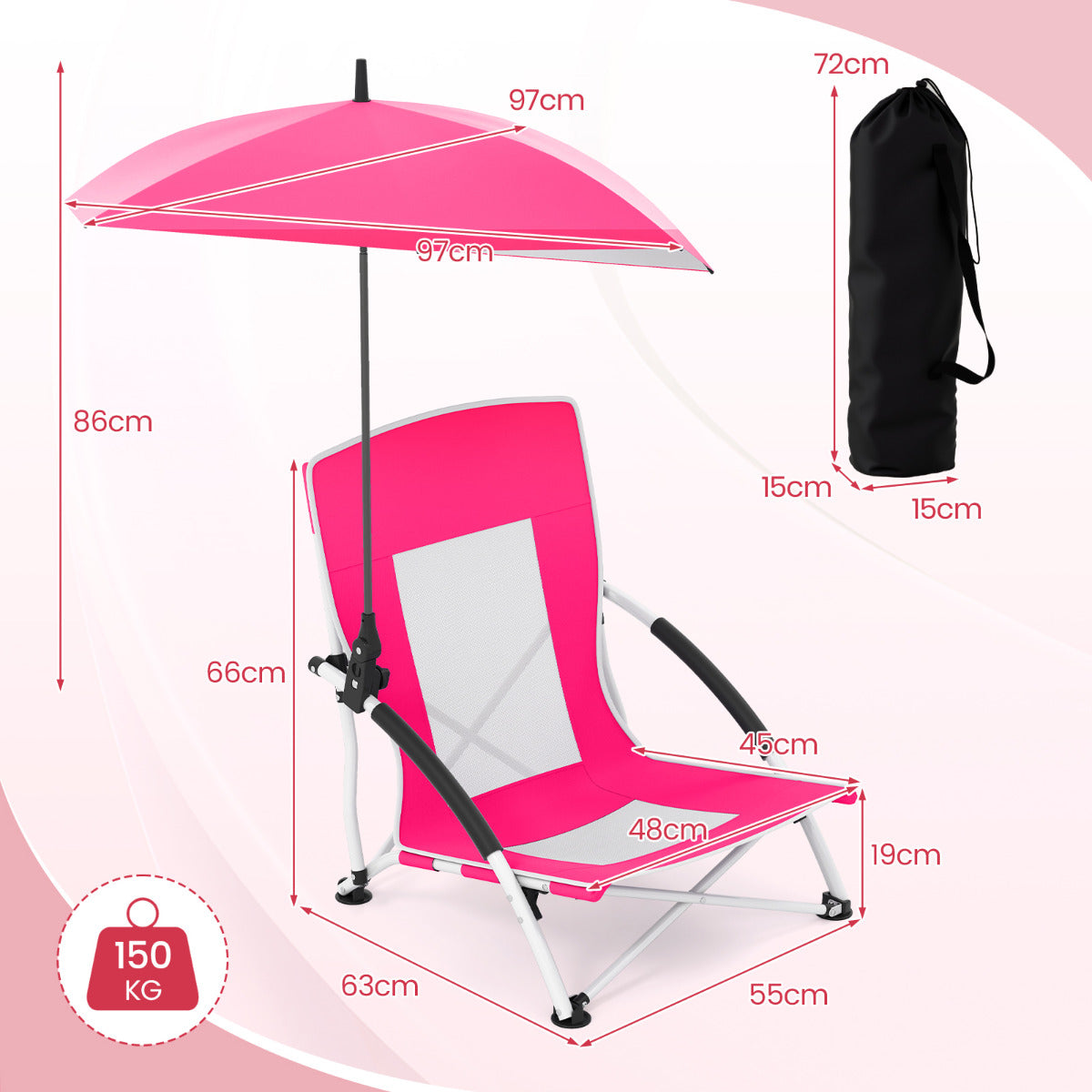 Portable Beach Umbrella Chair with Adjustable Parasol-Pink