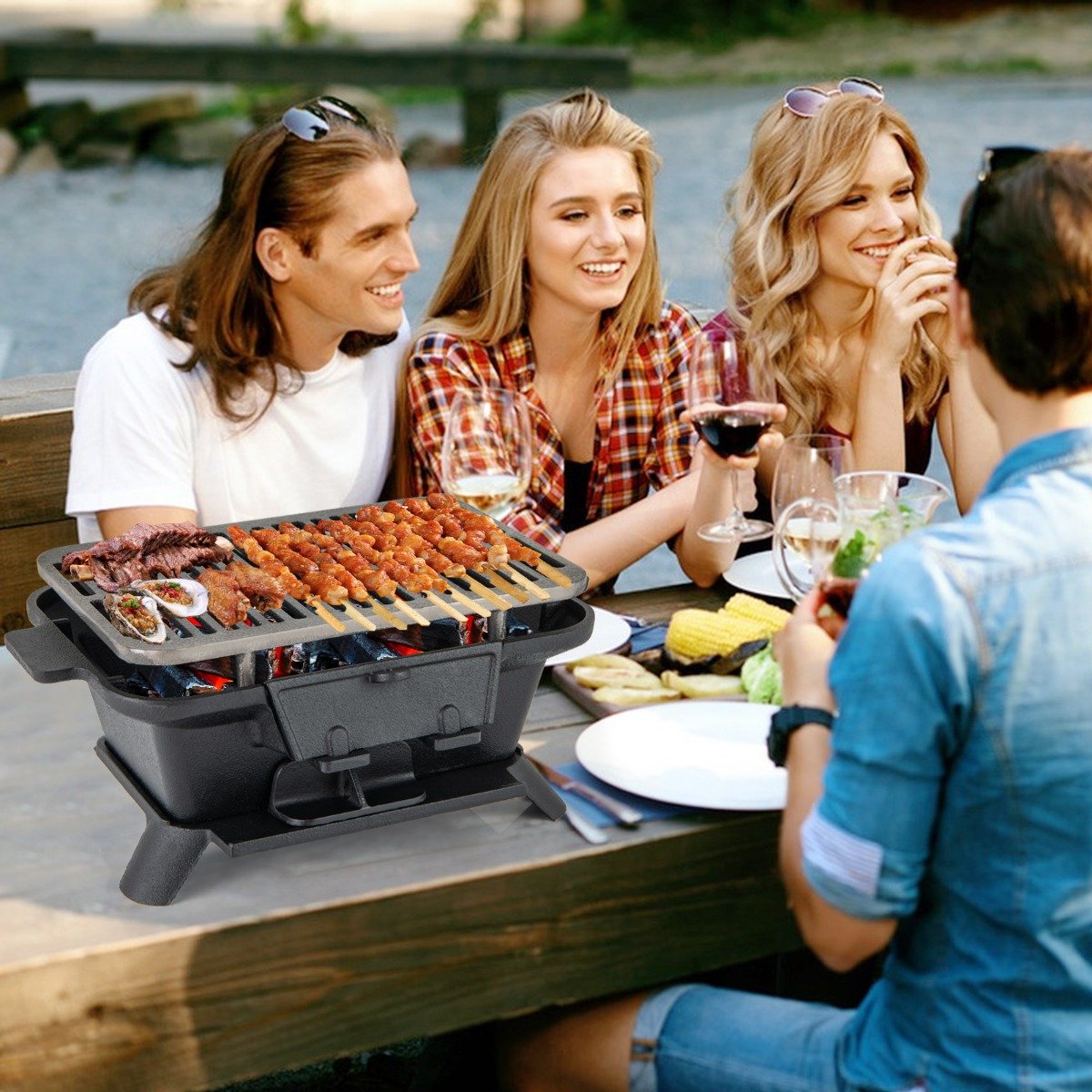 Portable Charcoal Grill with Double-sided Grilling Net