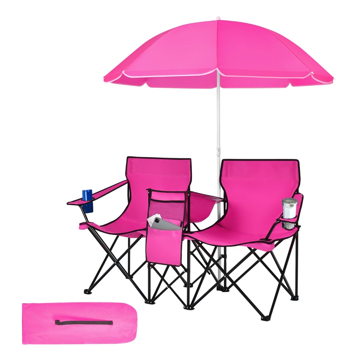 Portable Double Camping Chair with Umbrella and Ice Bag-Pink