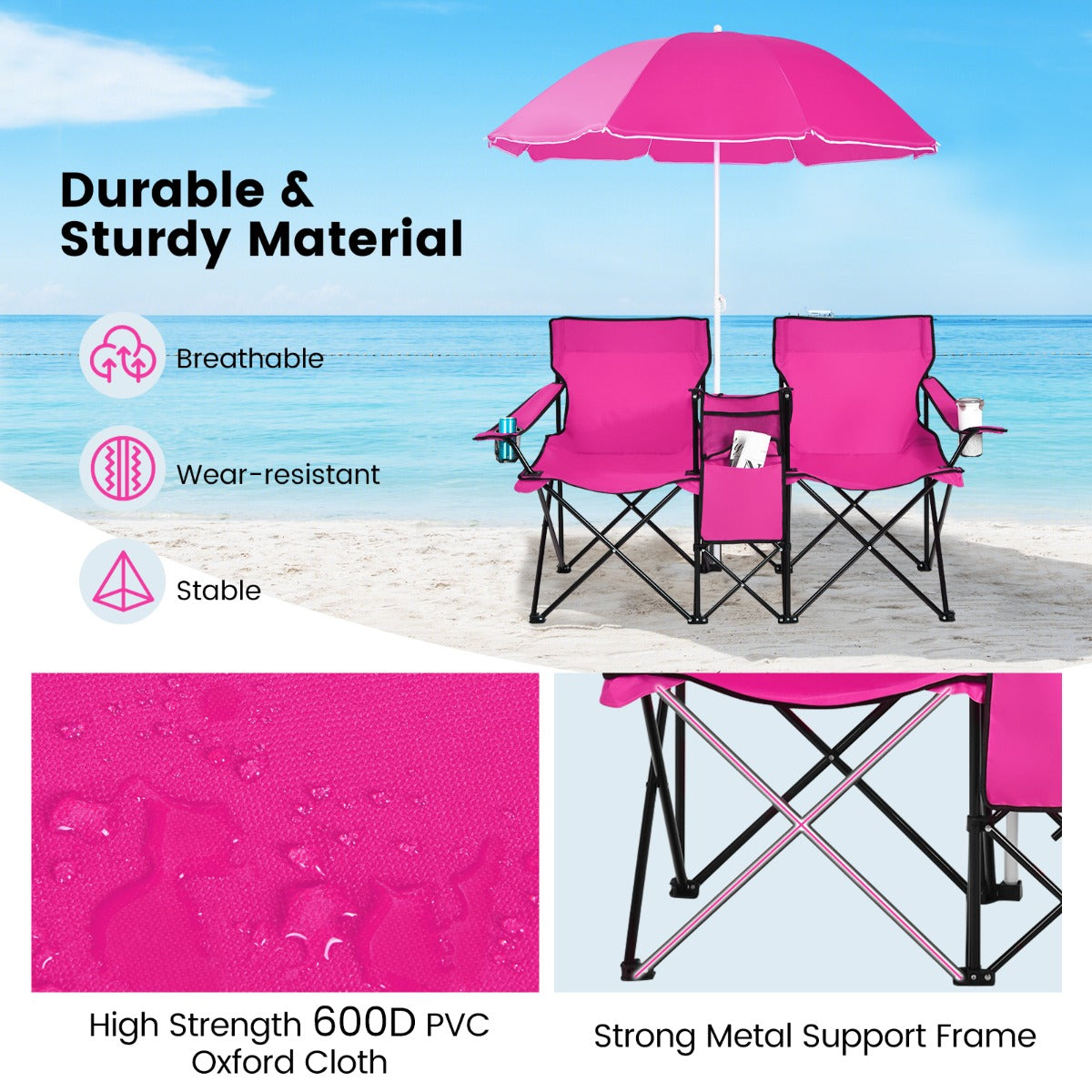 Portable Double Camping Chair with Umbrella and Ice Bag-Pink