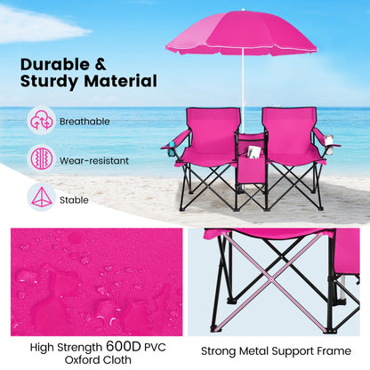 Portable Double Camping Chair with Umbrella and Ice Bag-Pink