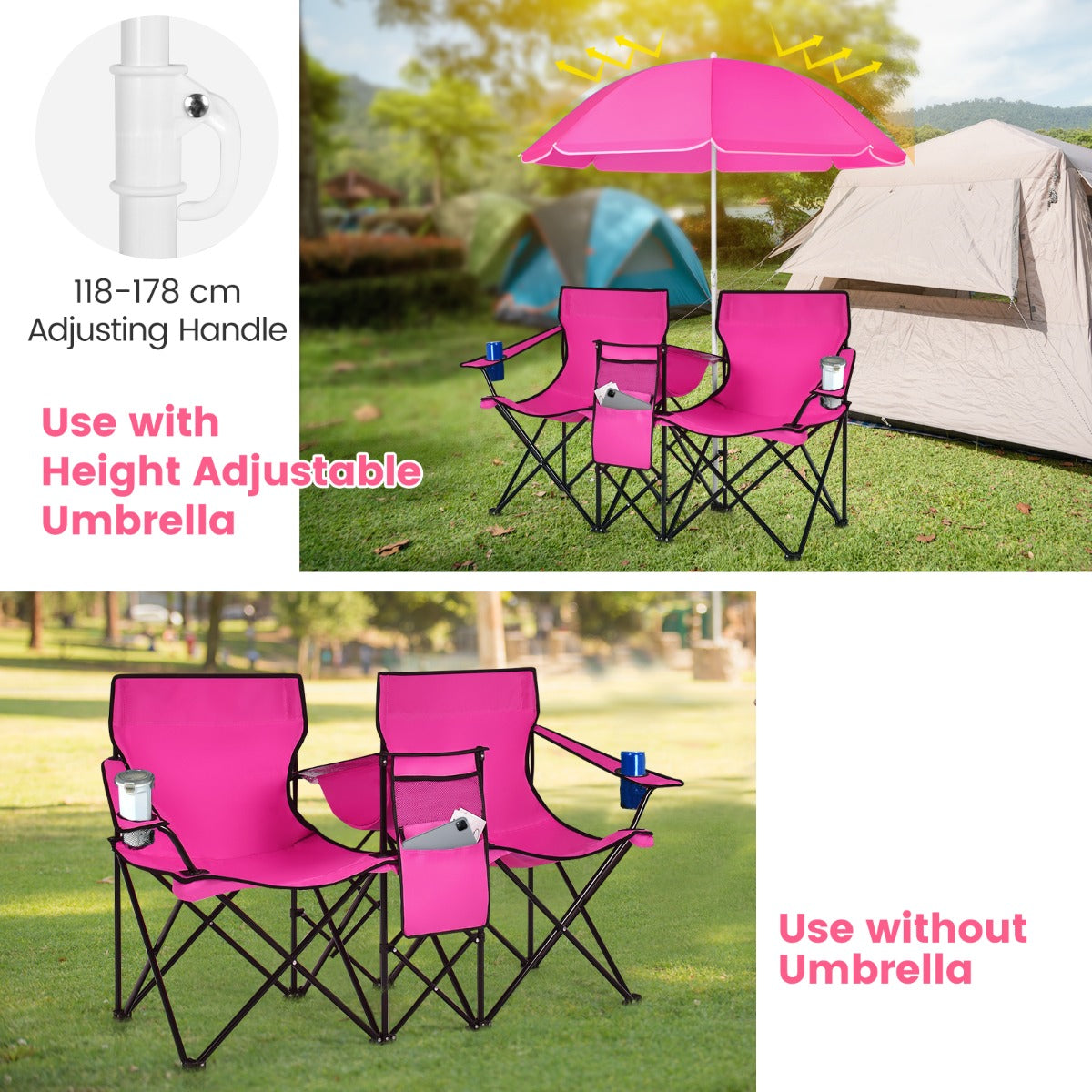 Portable Double Camping Chair with Umbrella and Ice Bag-Pink