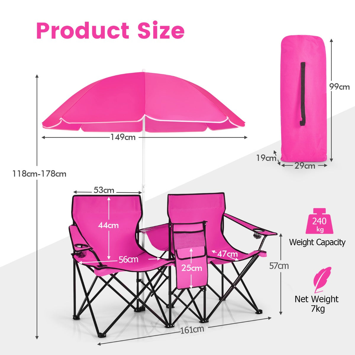 Portable Double Camping Chair with Umbrella and Ice Bag-Pink
