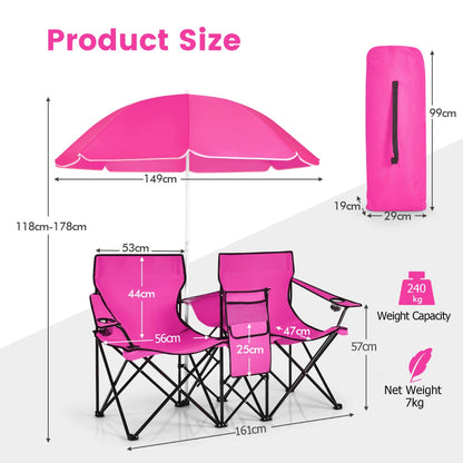 Portable Double Camping Chair with Umbrella and Ice Bag-Pink