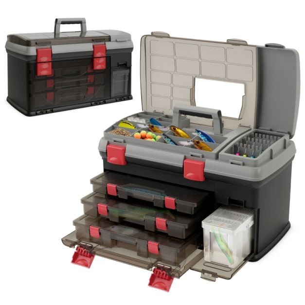 Portable Large Tackle Fishing Box with 3 Customizable Boxes and Side Storage Box