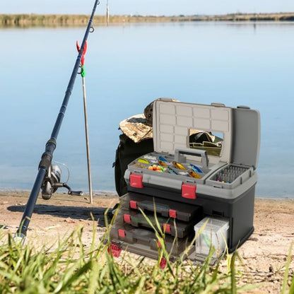 Portable Large Tackle Fishing Box with 3 Customizable Boxes and Side Storage Box