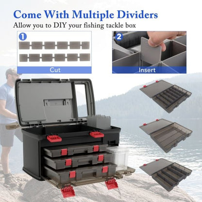 Portable Large Tackle Fishing Box with 3 Customizable Boxes and Side Storage Box