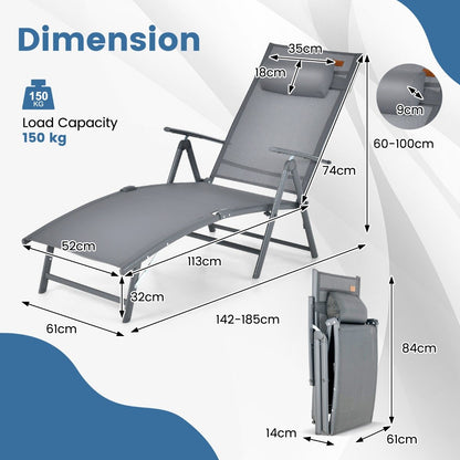 Portable Reclining Chair with 7 Adjustable Position Backrest and Handrail-Grey