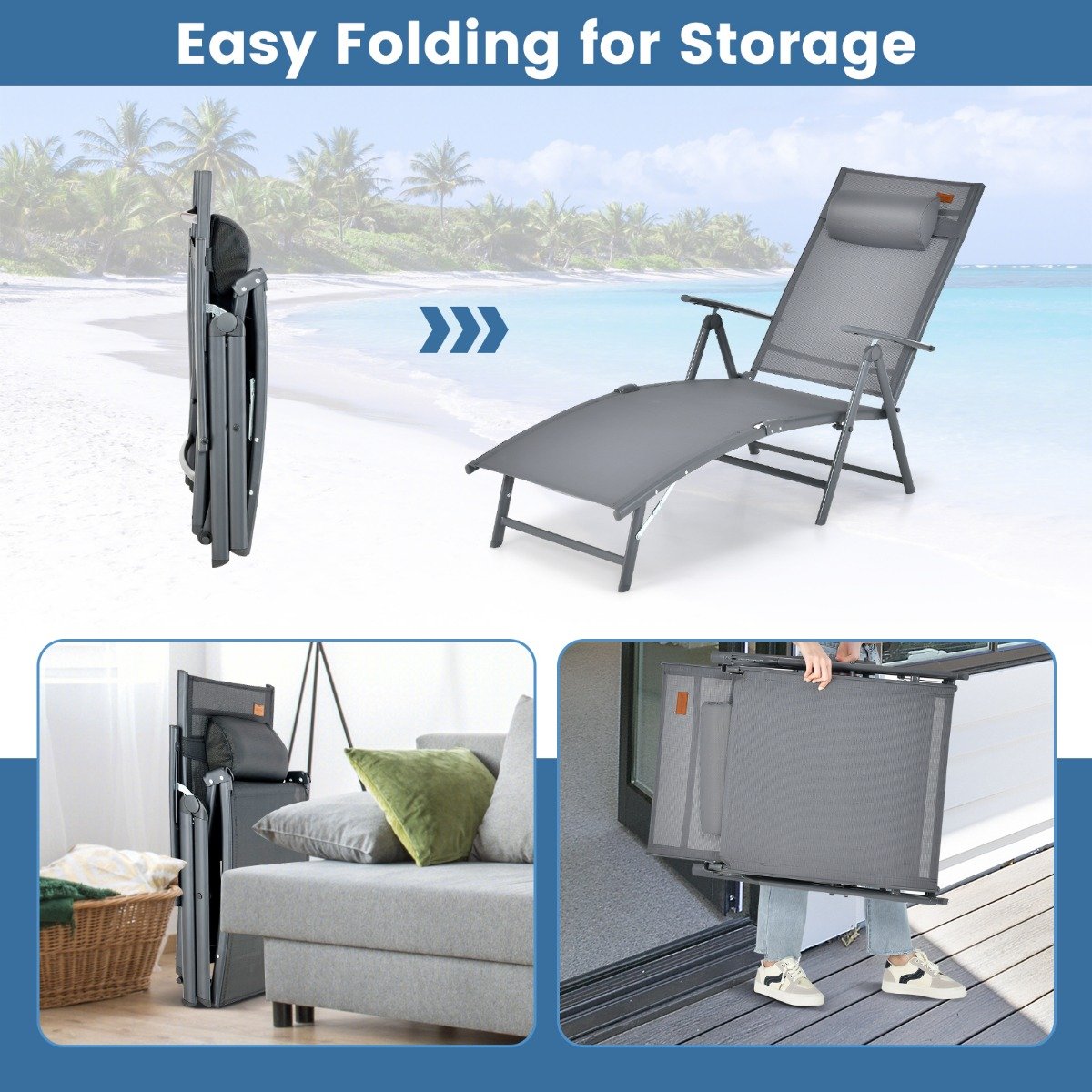 Portable Reclining Chair with 7 Adjustable Position Backrest and Handrail-Grey