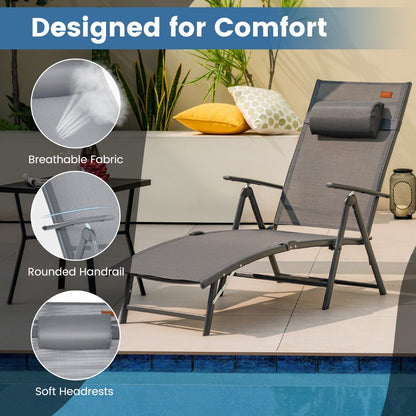 Portable Reclining Chair with 7 Adjustable Position Backrest and Handrail-Grey