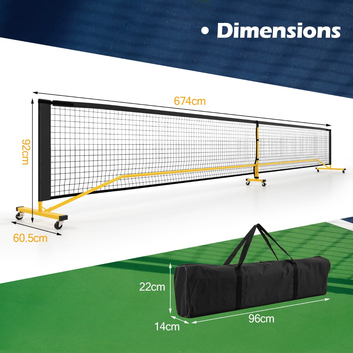 Portable Regulation Size Pickle Ball Net System with 6 Lockable Wheels