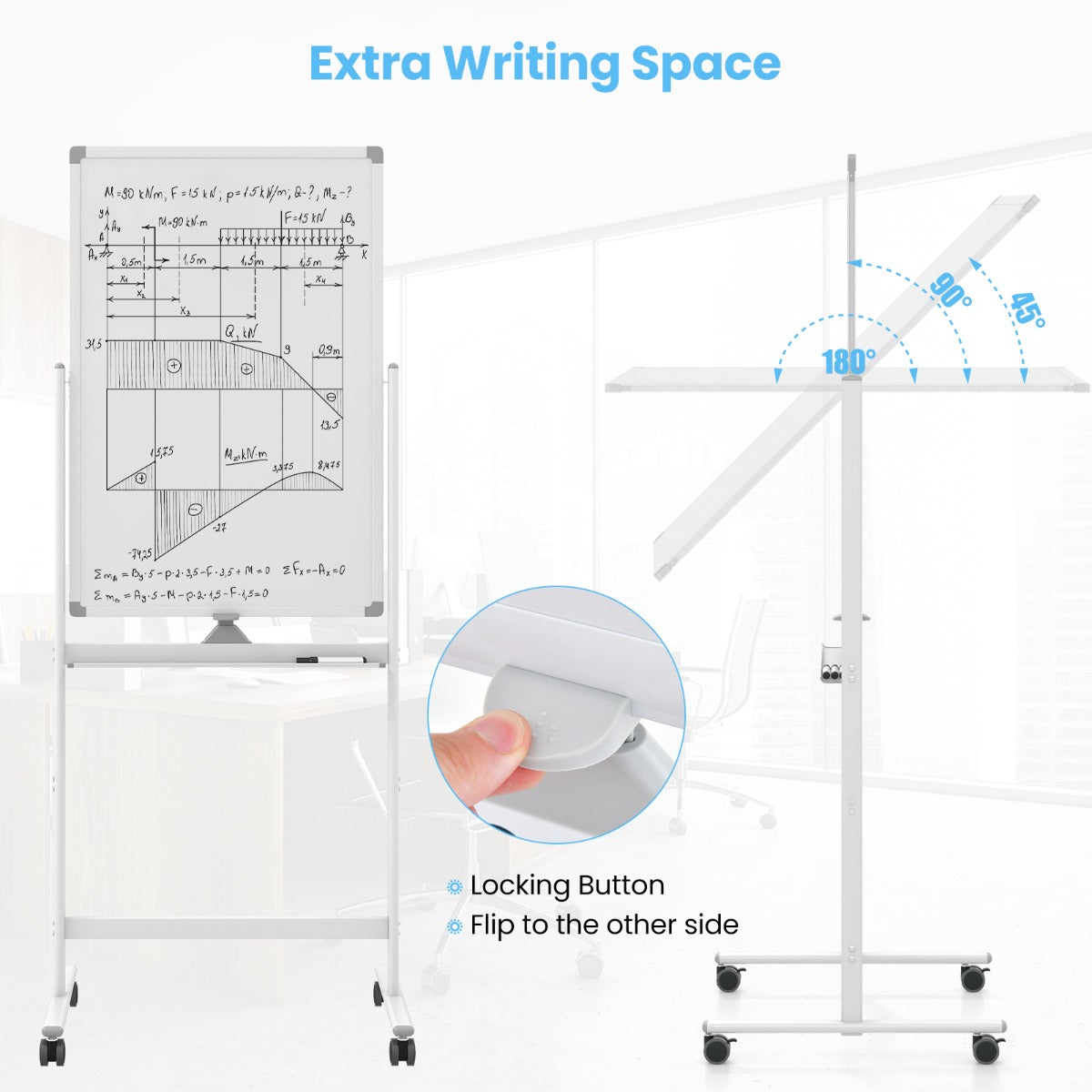 Double-sided mobile whiteboard with pen tray &amp; accessories for school office 60 x 90 cm white