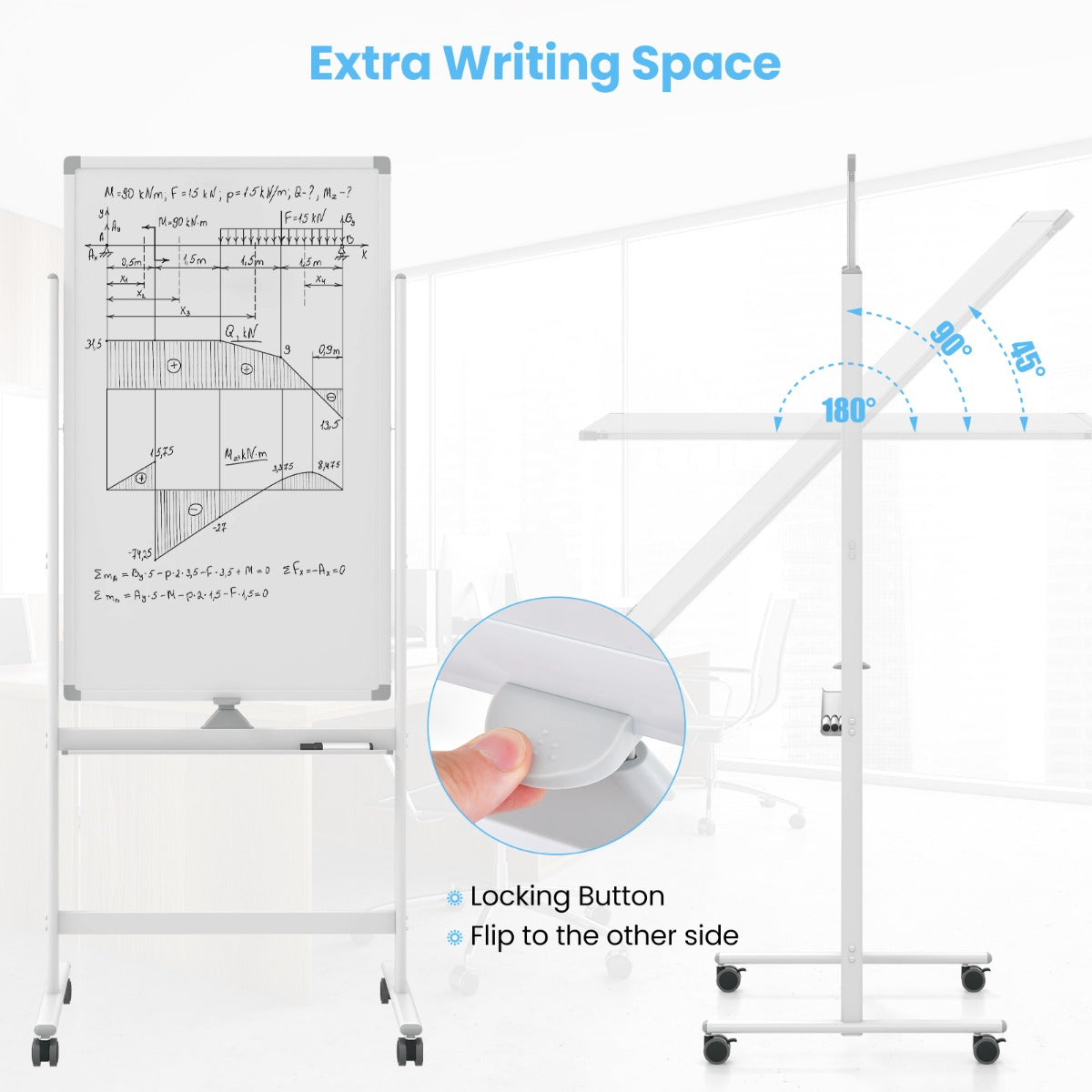 Reversible Rolling White Board with Black Markers and Board Eraser-White-M