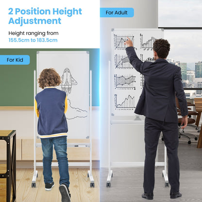 Reversible Rolling White Board with Black Markers and Board Eraser-White-M