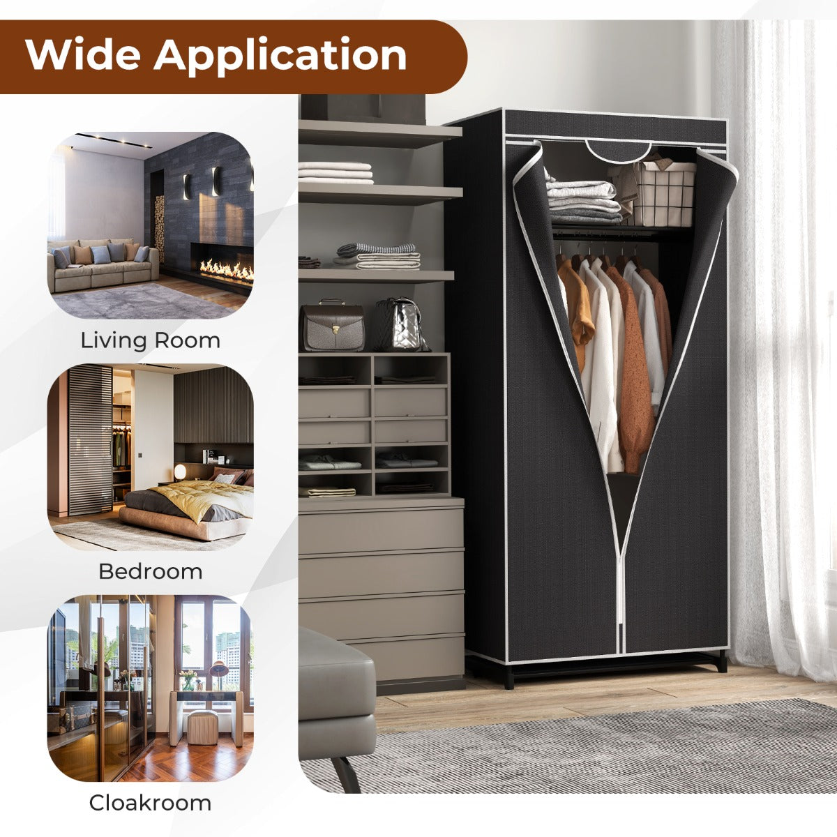 Single Canvas Wardrobe with Dust-proof Cover-Black