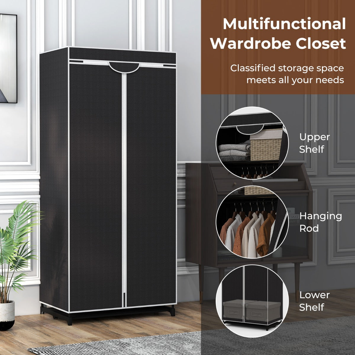 Single Canvas Wardrobe with Dust-proof Cover-Black