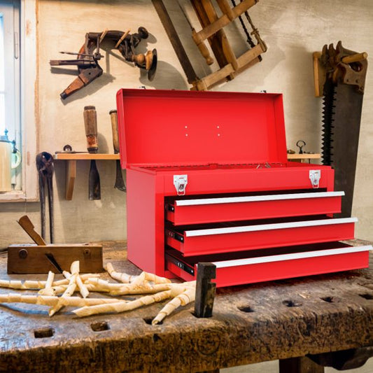 Portable Steel Tool Box with 3 Drawers and Top Storage Tray-Red
