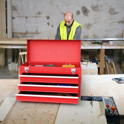 Portable Steel Tool Box with 3 Drawers and Top Storage Tray-Red