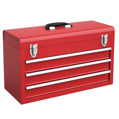 Portable Steel Tool Box with 3 Drawers and Top Storage Tray-Red