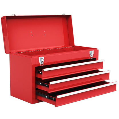 Portable Steel Tool Box with 3 Drawers and Top Storage Tray-Red