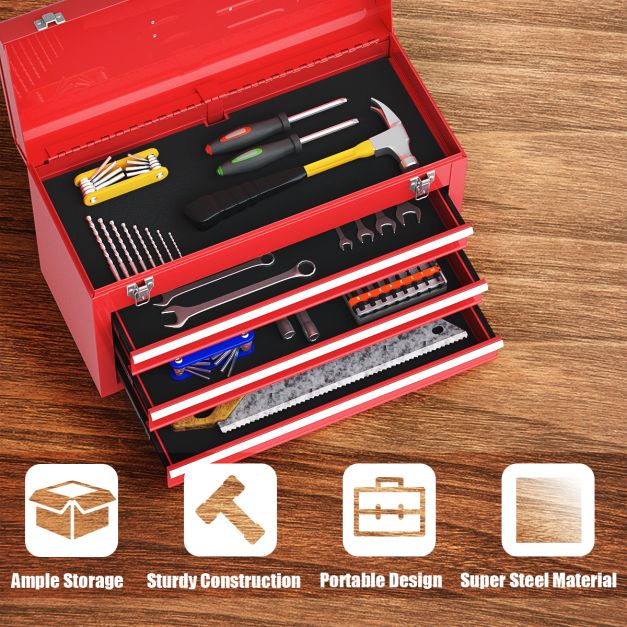 Portable Steel Tool Box with 3 Drawers and Top Storage Tray-Red