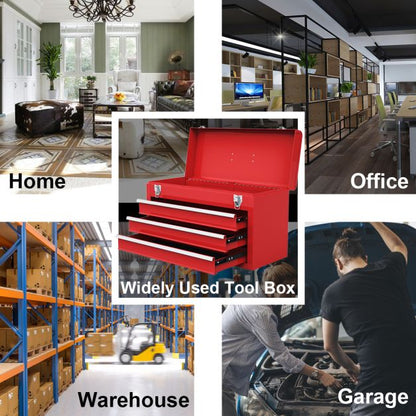 Portable Steel Tool Box with 3 Drawers and Top Storage Tray-Red