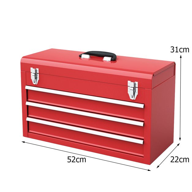 Portable Steel Tool Box with 3 Drawers and Top Storage Tray-Red