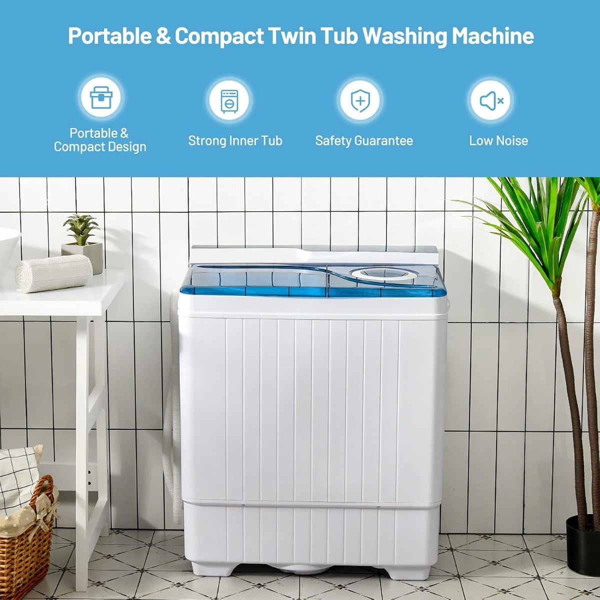 Portable Twin Tub Wash Machine with Spin Dryer-Blue