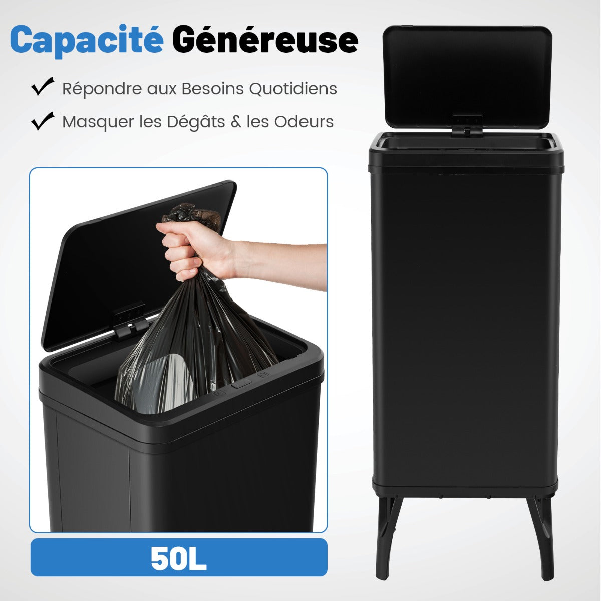 50L Stainless Steel Trash Can Automatic Motion Sensor Garbage Bin-Black