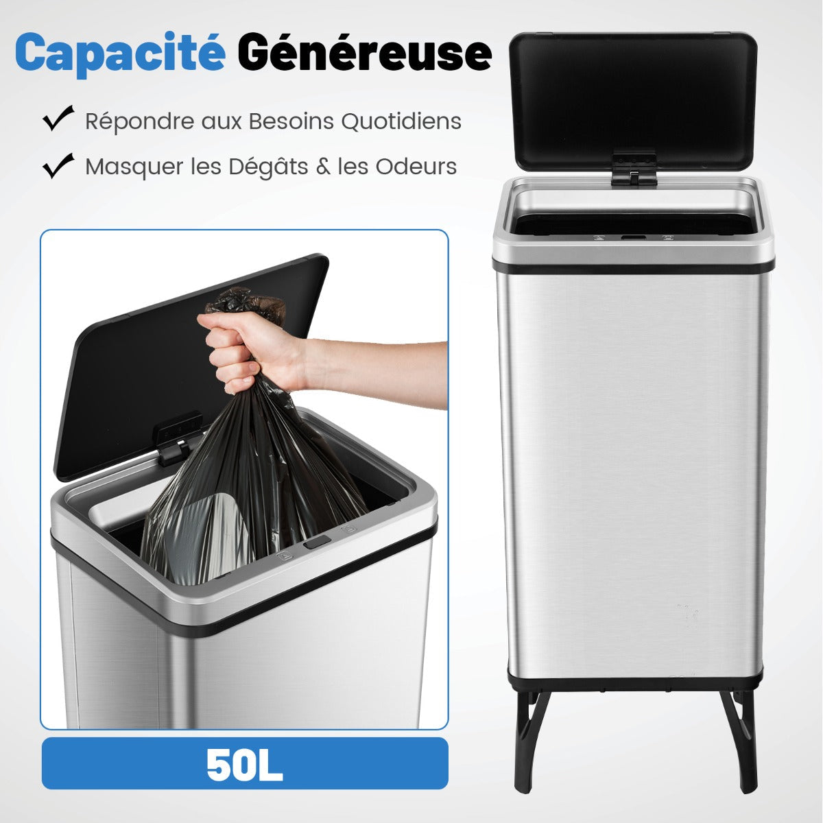50L Stainless Steel Trash Can Automatic Motion Sensor Garbage Bin-Silver