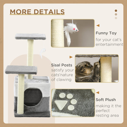 PawHut Cat Tree w/ Sisal Scratching Posts, House, Perches, Toy Mouse, Grey