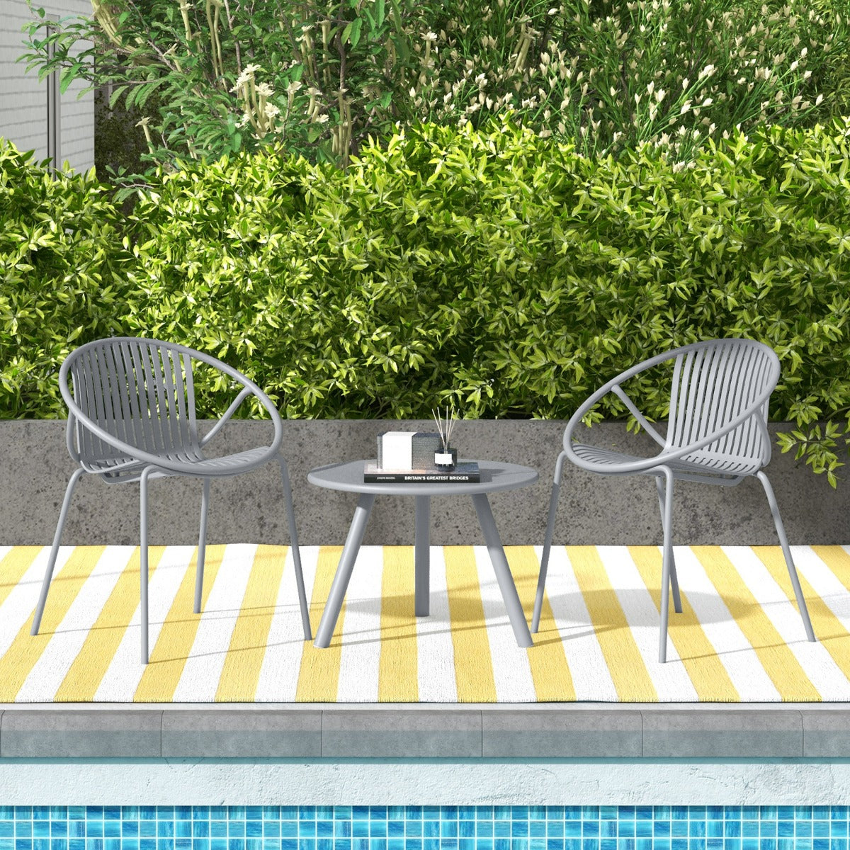 All Weather PP Patio Conversation 3 Pieces Bistro Set with Round Coffee table-Grey