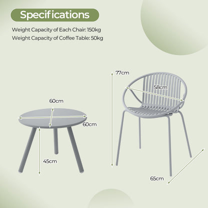 All Weather PP Patio Conversation 3 Pieces Bistro Set with Round Coffee table-Grey