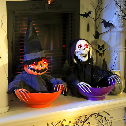 Outsunny 2pcs Animated Halloween Skull Bowl, Skeleton Ghost Skull Candy Dish with LED Eyes, Moving Body and Creepy Sound for Party Decoration, Festival Haunted Houses