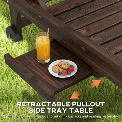 Outsunny Outdoor Wooden Sun Lounger with Built-In Table, Carbonised Finish