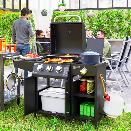 Outsunny 3+1 palnikowy grill gazowy z szafką i półkami, wózek na grilla gazowego o mocy 9,5 kW z 6 kółkami, ruszt do podgrzewania, termometr do gotowania na świeżym powietrzu, przyjęcie ogrodowe, czarny