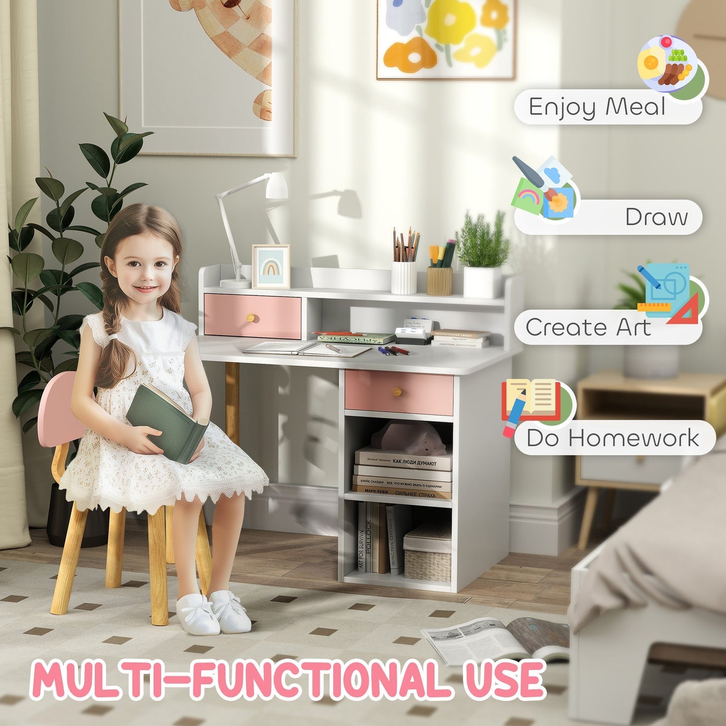 AIYAPLAY 2 Pieces Children Study Table with Hutch, Kids Desk and Chair Set with Storage, Drawer, Shelves, Pink