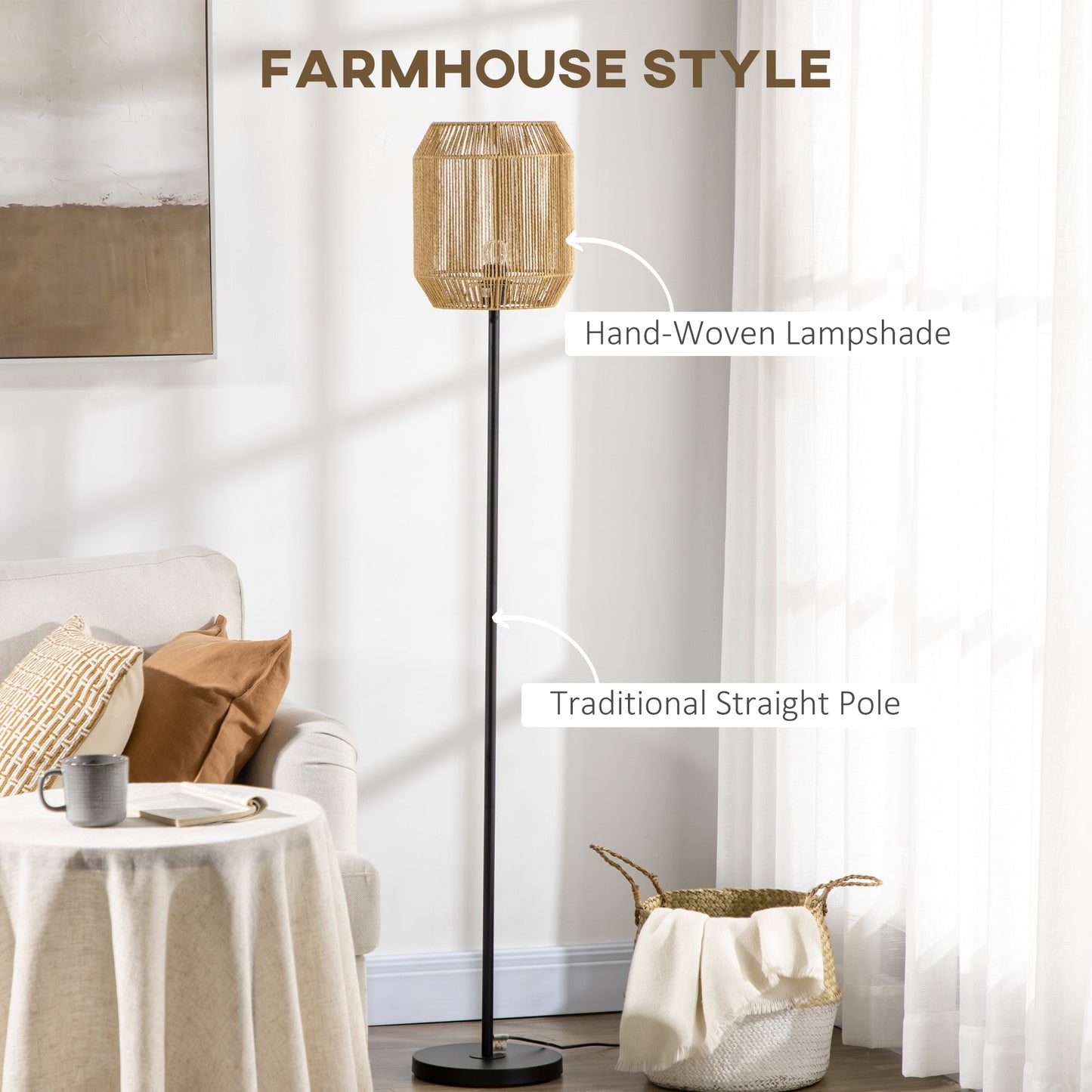 HOMCOM Lampa stojąca Farmhouse, Lampy podłogowe z abażurem z ręcznie tkanego rattanu do salonu
