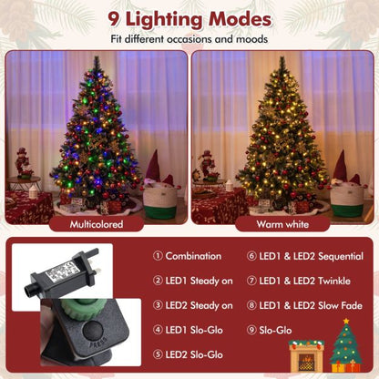 180/150 CM Pre-Lit Artificial Christmas Tree with 856/476 Pine Needles/Flocked PVC/PE Tips-180 cm