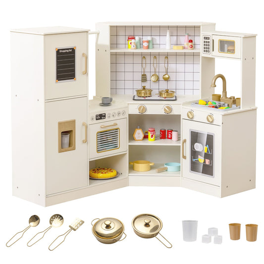 Pretend Play Corner Kitchen Set with Ice Dispenser Stoves for Boys Girls 3+-Beige