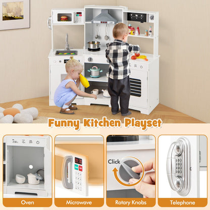 Wooden Pretend Play Kitchen with Real Sounds and Lights-White