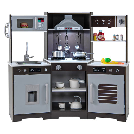 Wooden Pretend Play Kitchen with Real Sounds and Lights-Brown