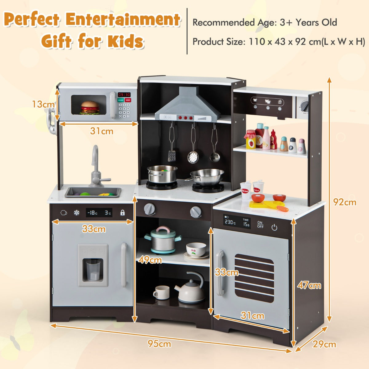 Wooden Pretend Play Kitchen with Real Sounds and Lights-Brown
