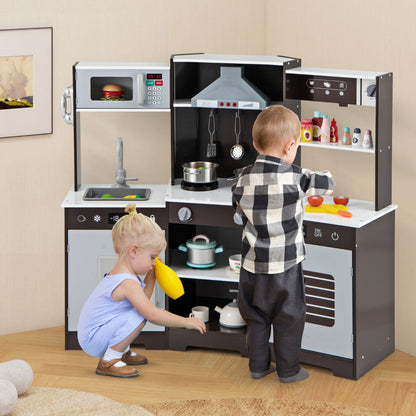Wooden Pretend Play Kitchen with Real Sounds and Lights-Brown